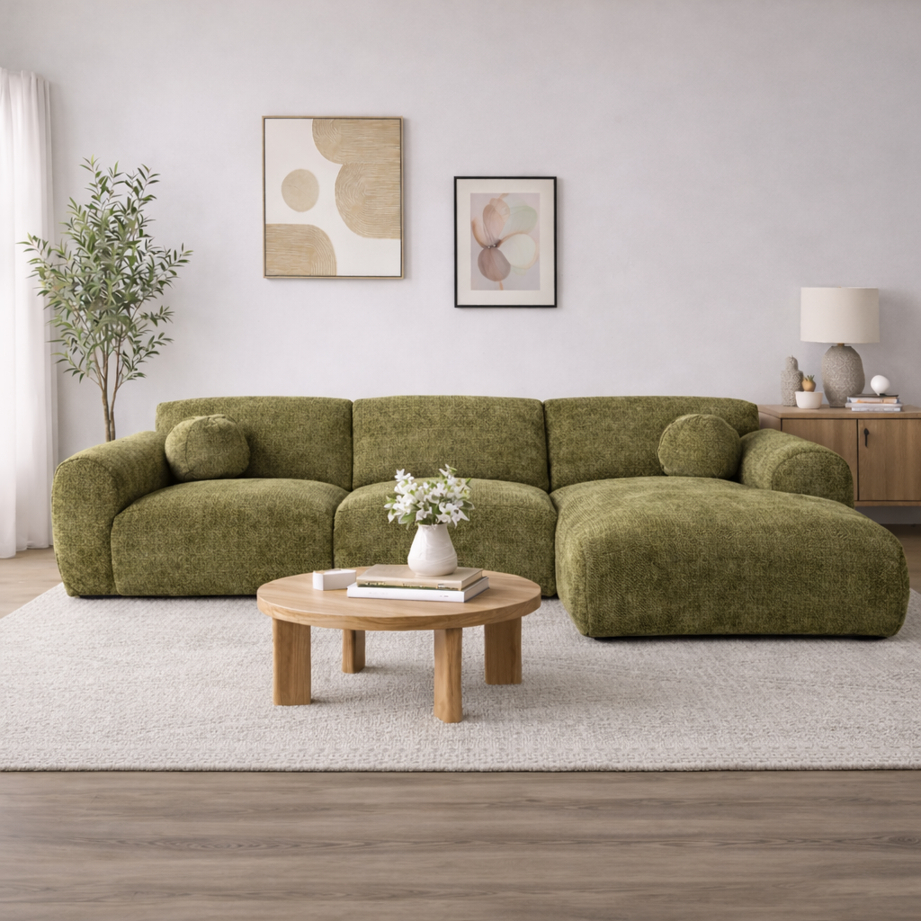 Hoekbank olijfgroen chenille stof met lounge Shane - rechts