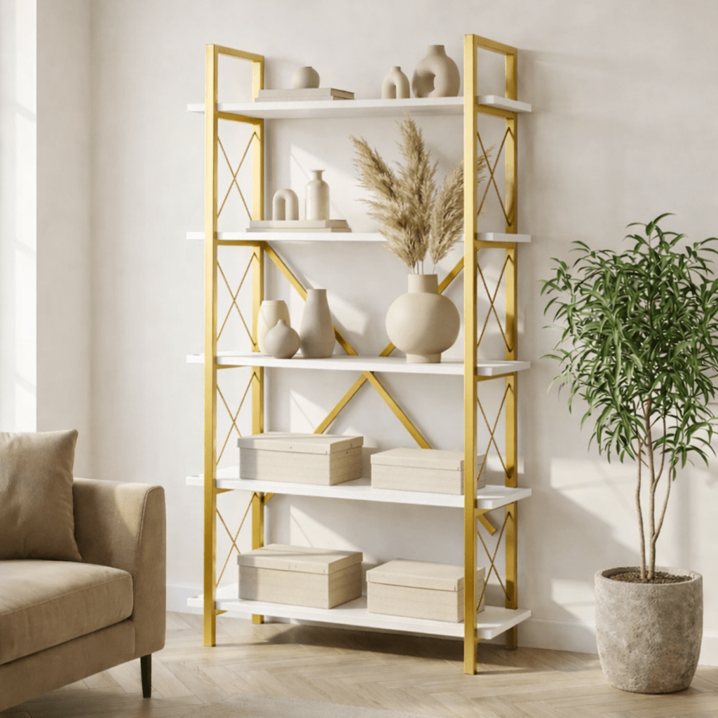 Industriel Reol Ely Hvid Træ Melamin - Guld Ramme - 180x90 cm