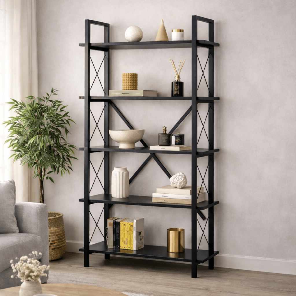 Industriel Bogreol Ely Sort Træ - Sort Ramme - 180x90 cm