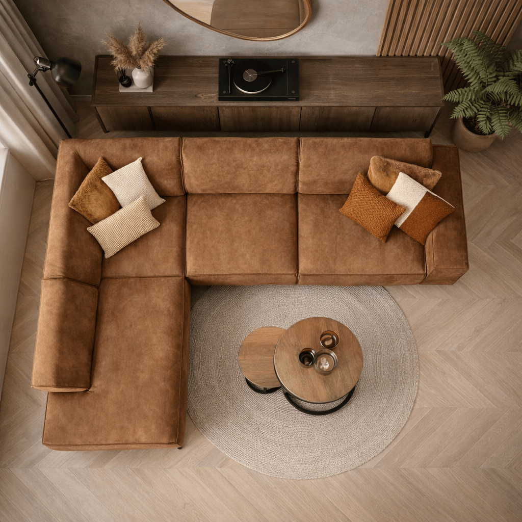 Banken - Industriële hoekbank cognac eco - leer Brisbane - links - Dimehouse