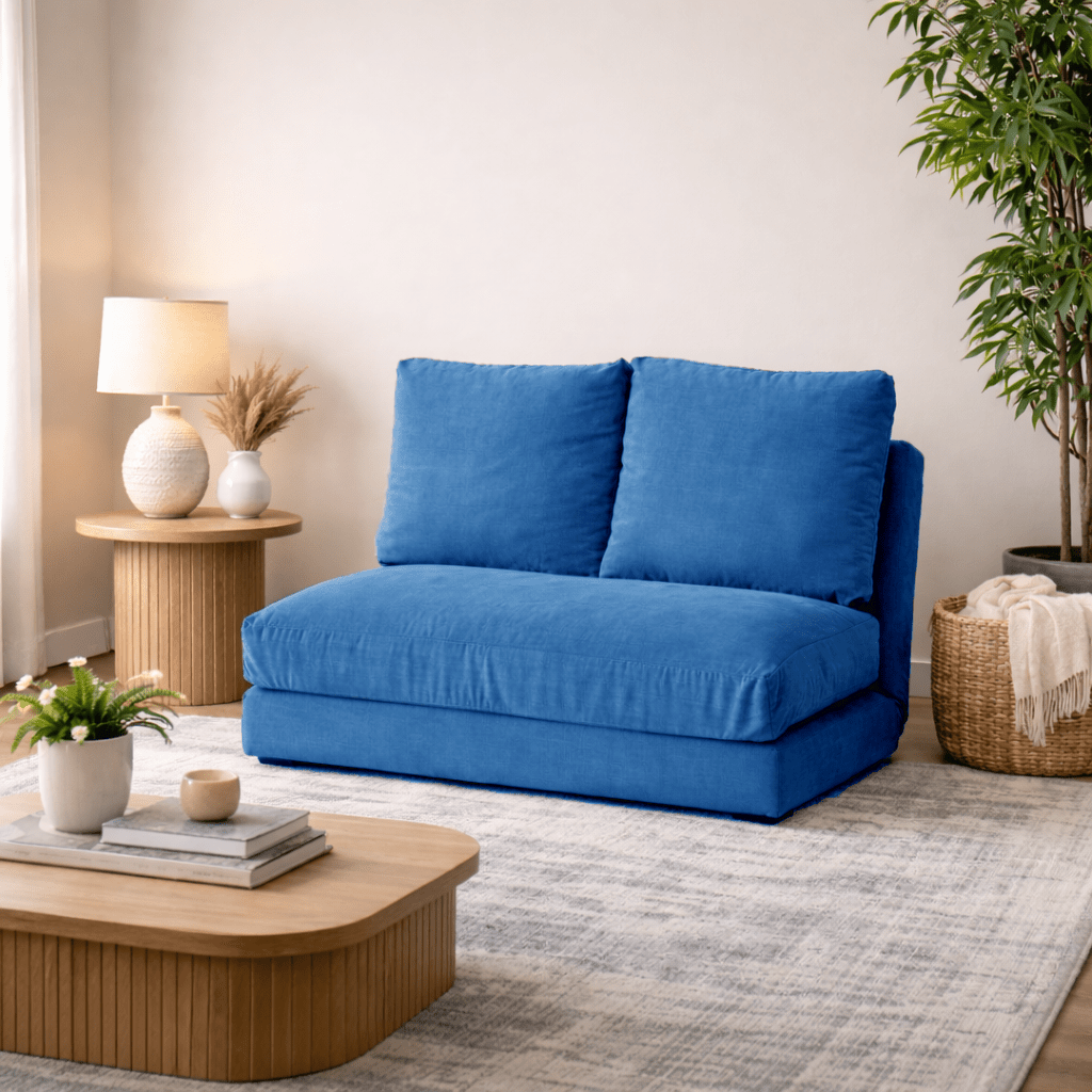 Banken - Slaapbank Japandi blauw stof 2 - zits - lage rug en verstelbaar - Taida - Dimehouse