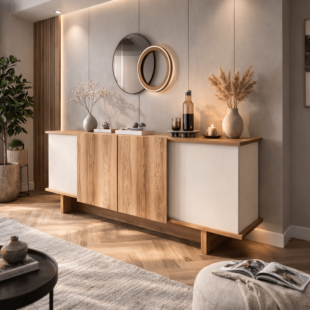 Modern Sideboard Sand–Walnut Look Melamine Diana 180 cm