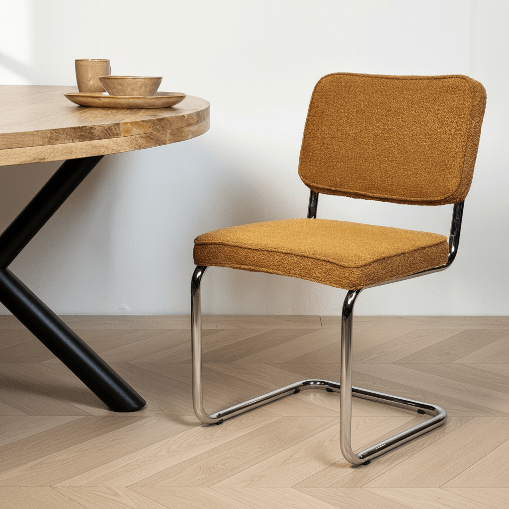 Moderne Eetkamerstoel Koper Bouclé Stof Sway - Chrome Frame - Zonder Armleuningen
