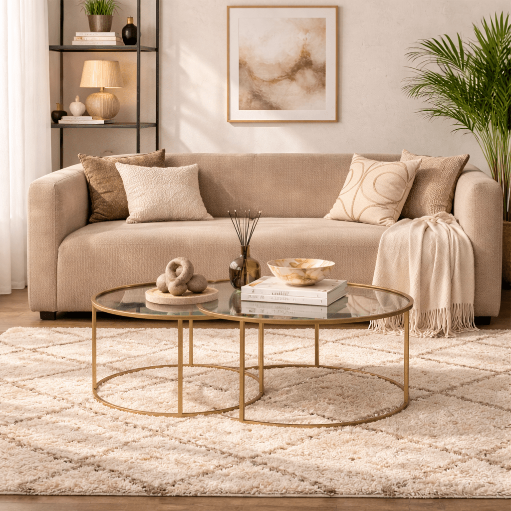 Moderne Rundt Sofabord Sæt med 2 Uru Guld - Gennemsigtigt Glas - 80/60 cm