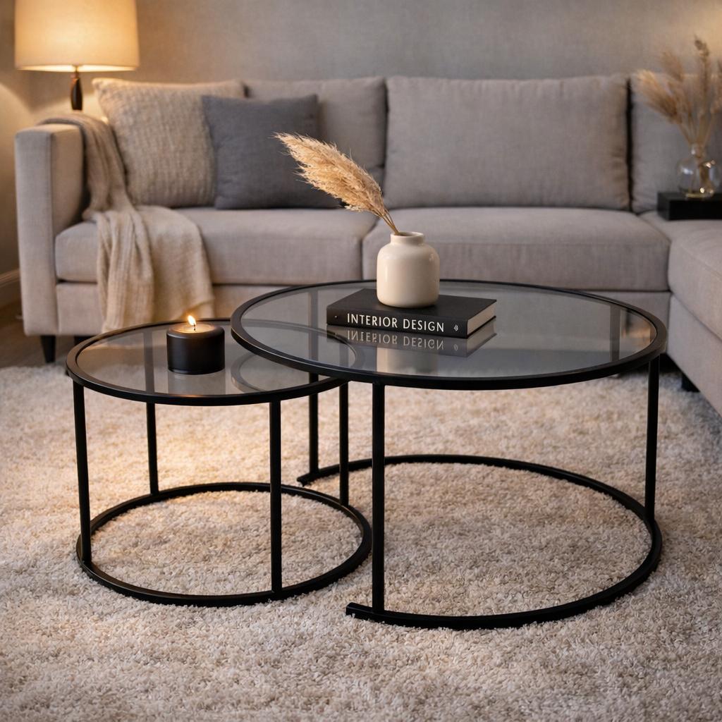 Moderne Rundt Sofabord Sæt med 2 Uru Sort - Grå Glas - 80/60 cm