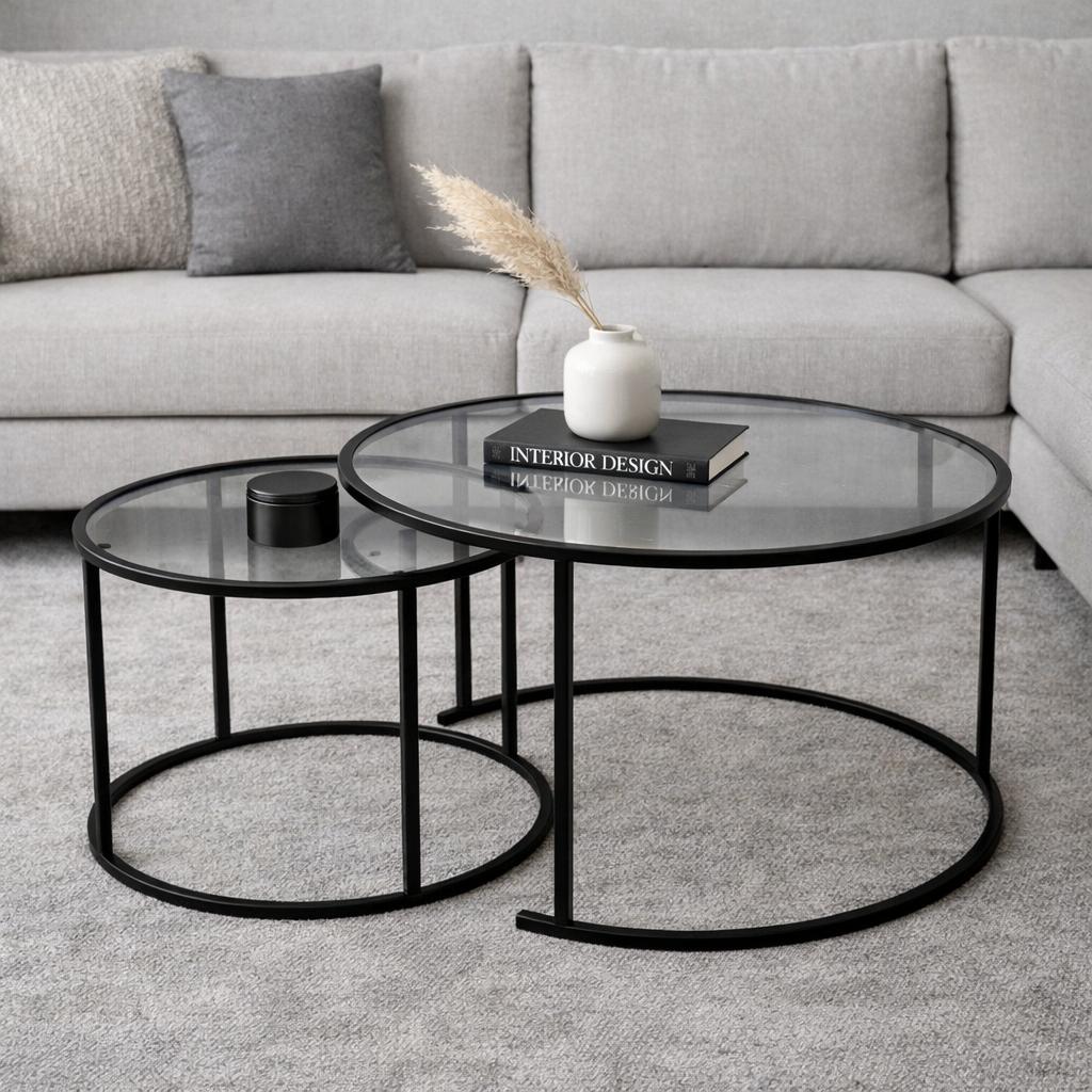 Moderne Rundt Sofabord Sæt med 2 Uru Sort - Grå Glas - 80/60 cm