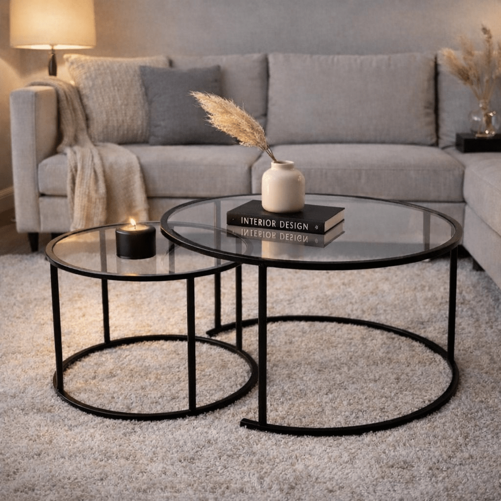 Moderne Rundt Sofabord Sæt med 2 Uru Sort - Gennemsigtigt Glas - 80/60 cm
