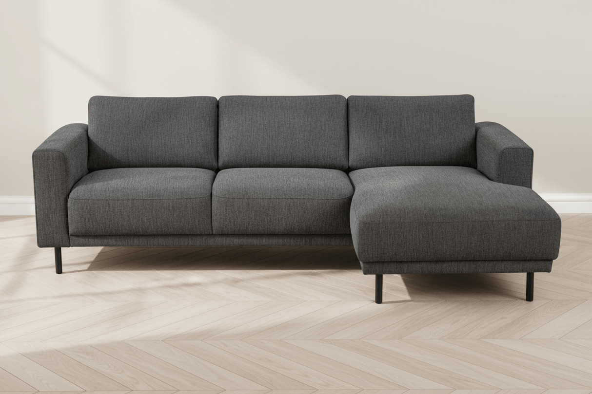 Moderne hjørnesofa med chaiselong antracitstof Aniko højre 238x142x78 cm
