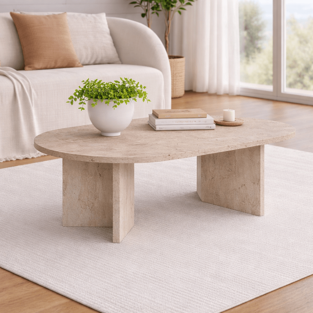 Oval Sofabord Travertin look Sabla - 119x60