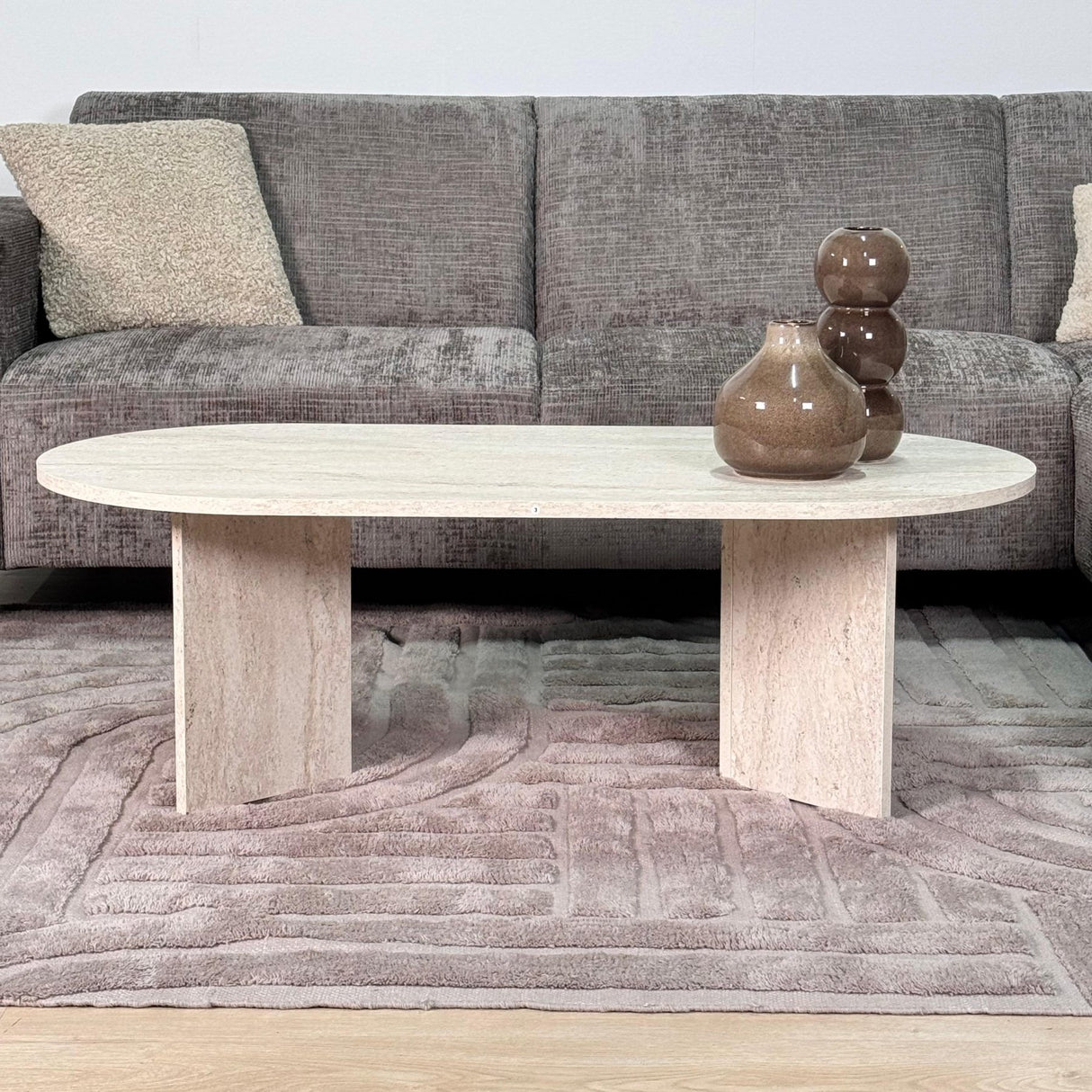 Oval Sofabord Travertin look Sabla - 119x60