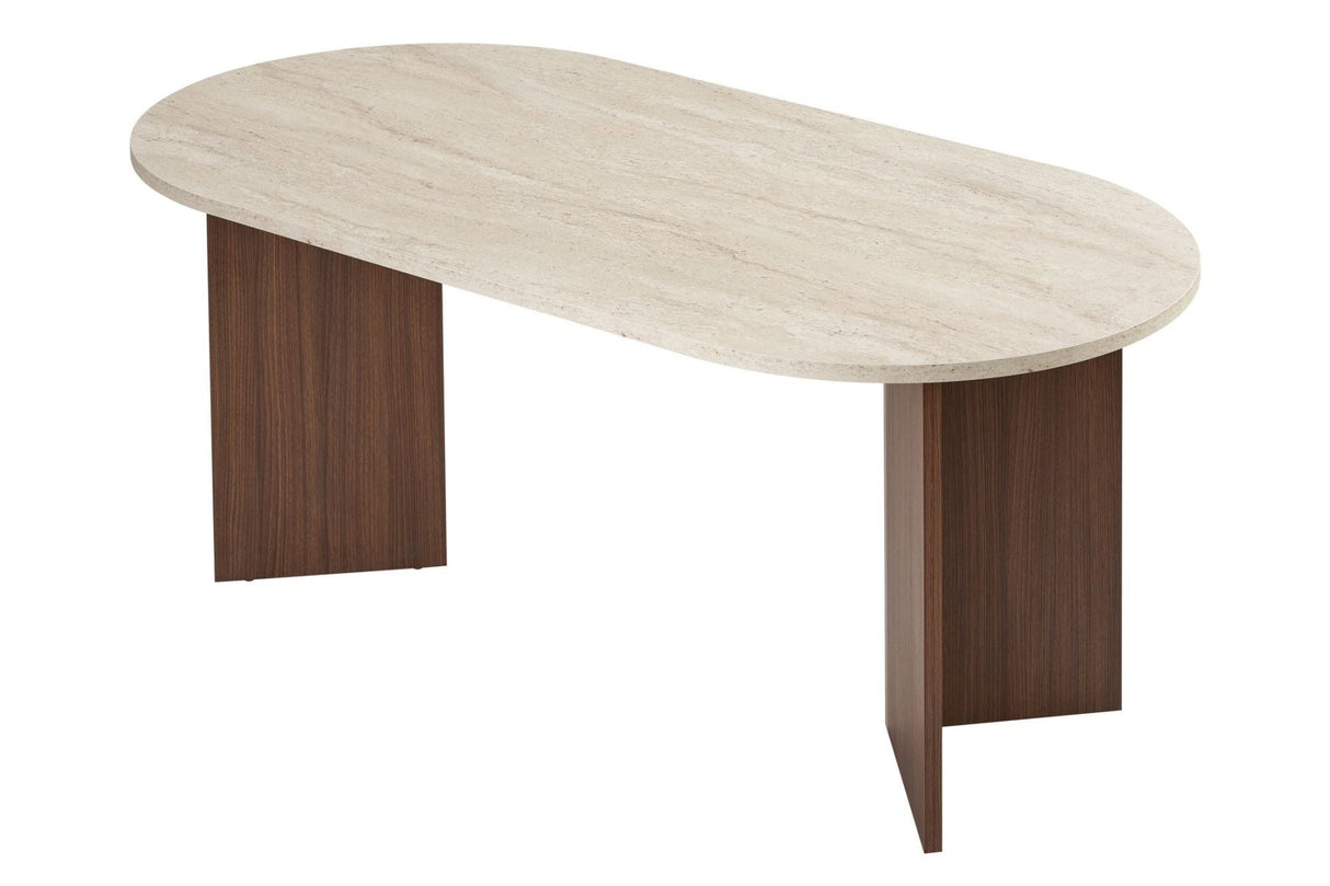 Eettafels - Ovale eettafel travertin blad - walnoot melamine - 180x89,5x75 cm - Sota - Dimehouse