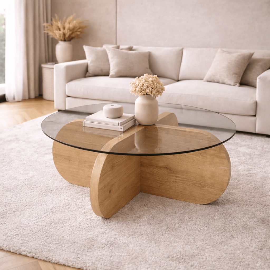 Rundt sofabord Aris eg look melamin og gennemsigtigt glas 75 cm