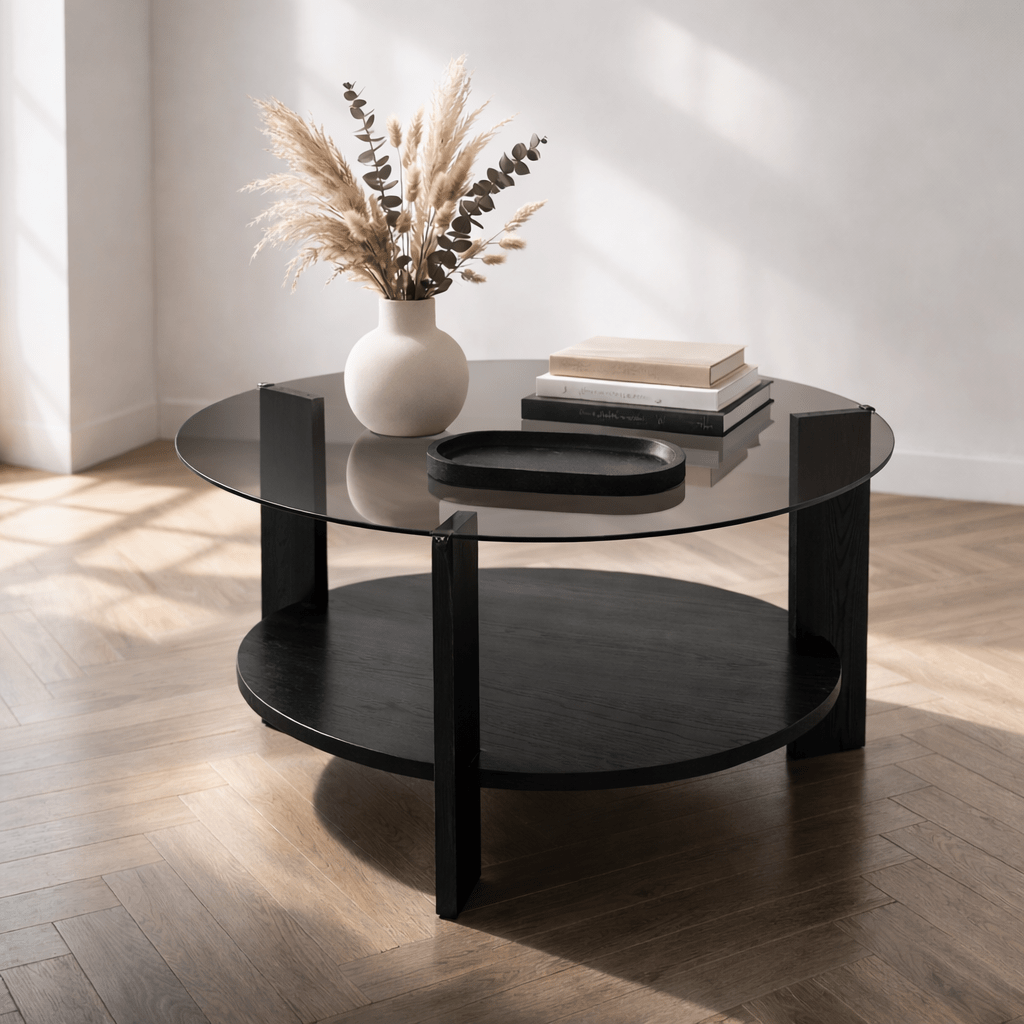 Salontafels - Ronde salontafel zwart melamine rookglas Ø75 cm - Cairo - Dimehouse