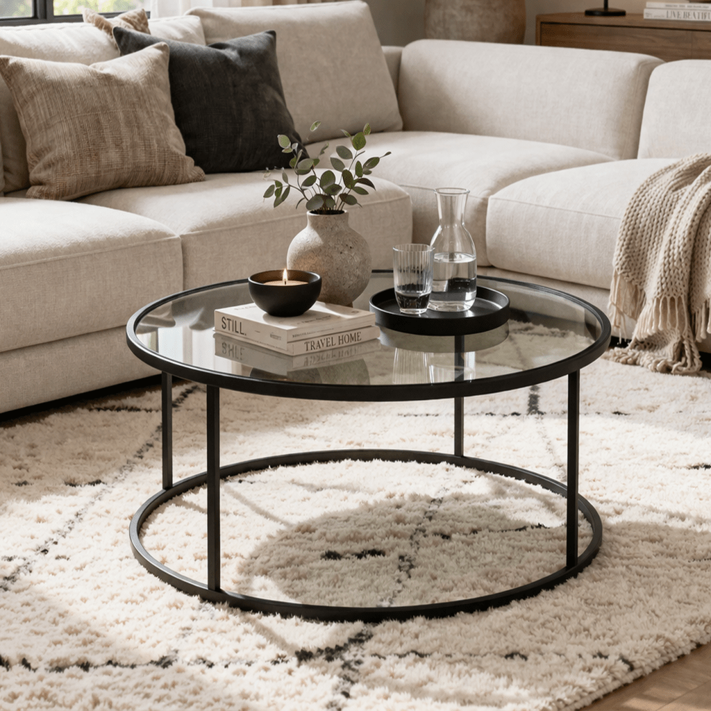 Salontafel Glas Rond zwart metaal - 80 cm - Barlin