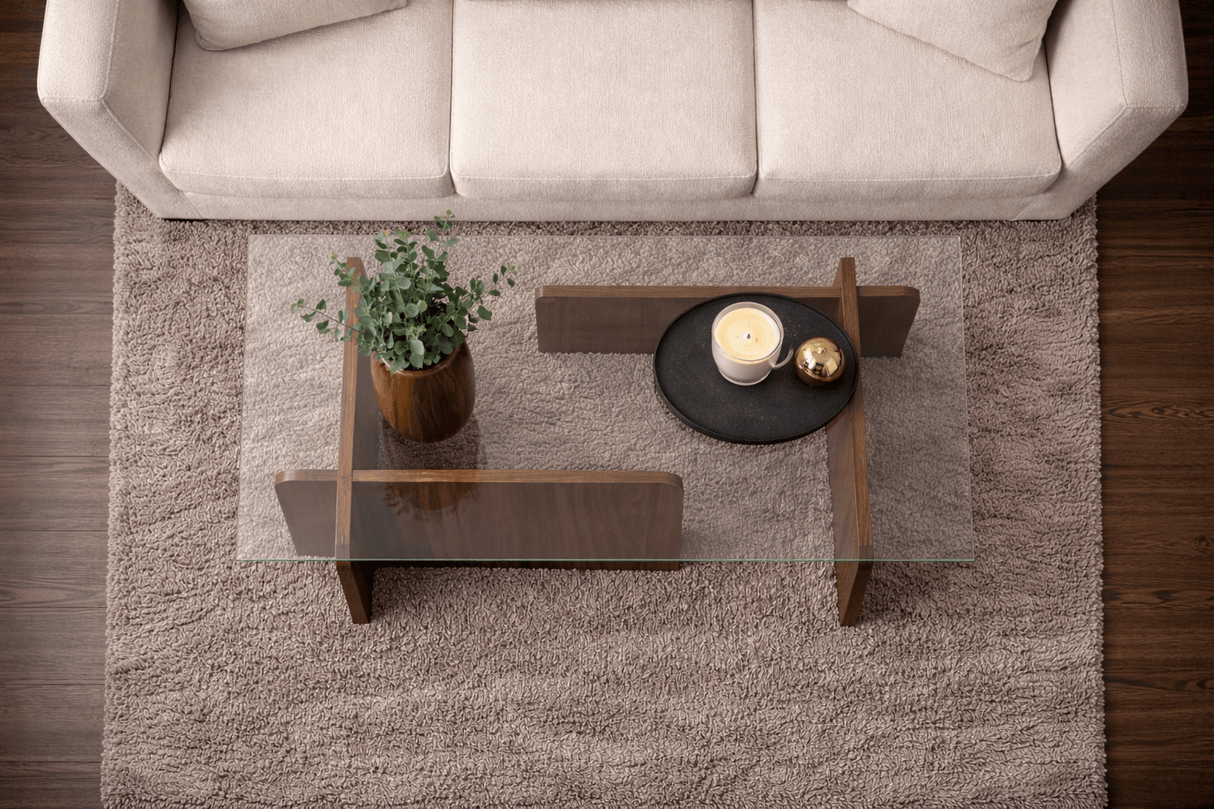 Salontafels - Salontafel Naturel Walnoot Glas Opal 105x65x30 cm - Dimehouse