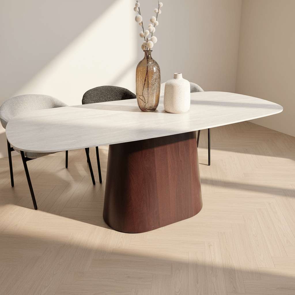 Sintersten Marmorlook Travertin Spisebord Lea 180x90 cm - Valnød Stel - Dansk Oval