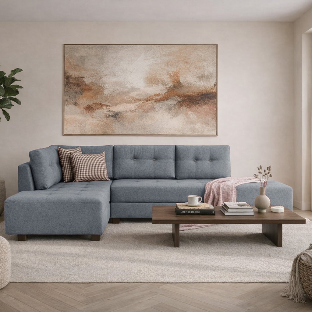 Banken - Slaapbank lichtblauw stof - XL 280x206 cm - met wielen - Links - Manama - Dimehouse