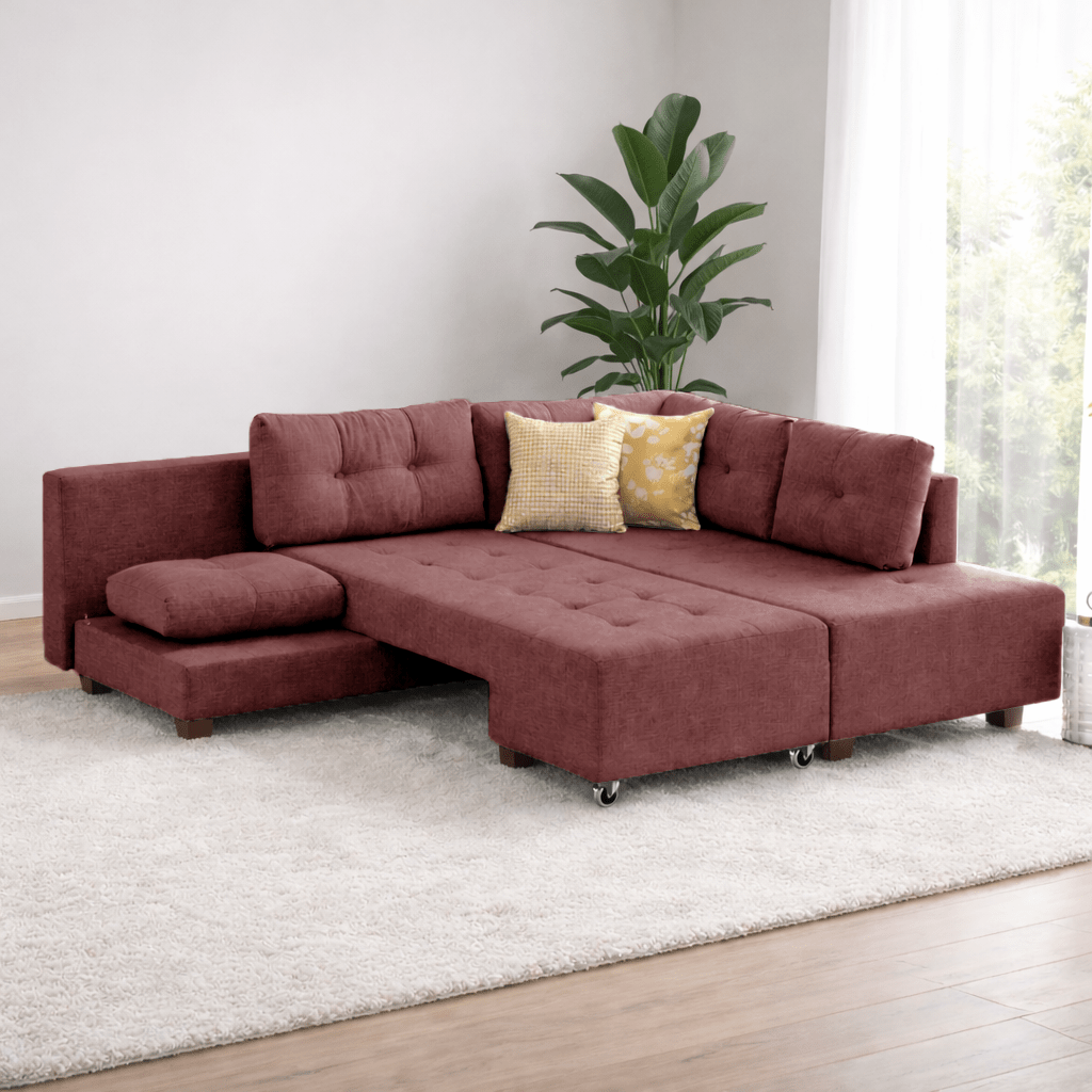 Banken - Slaapbank rood stof - XL 280x206 cm - met wielen - Rechts - Manama - Dimehouse