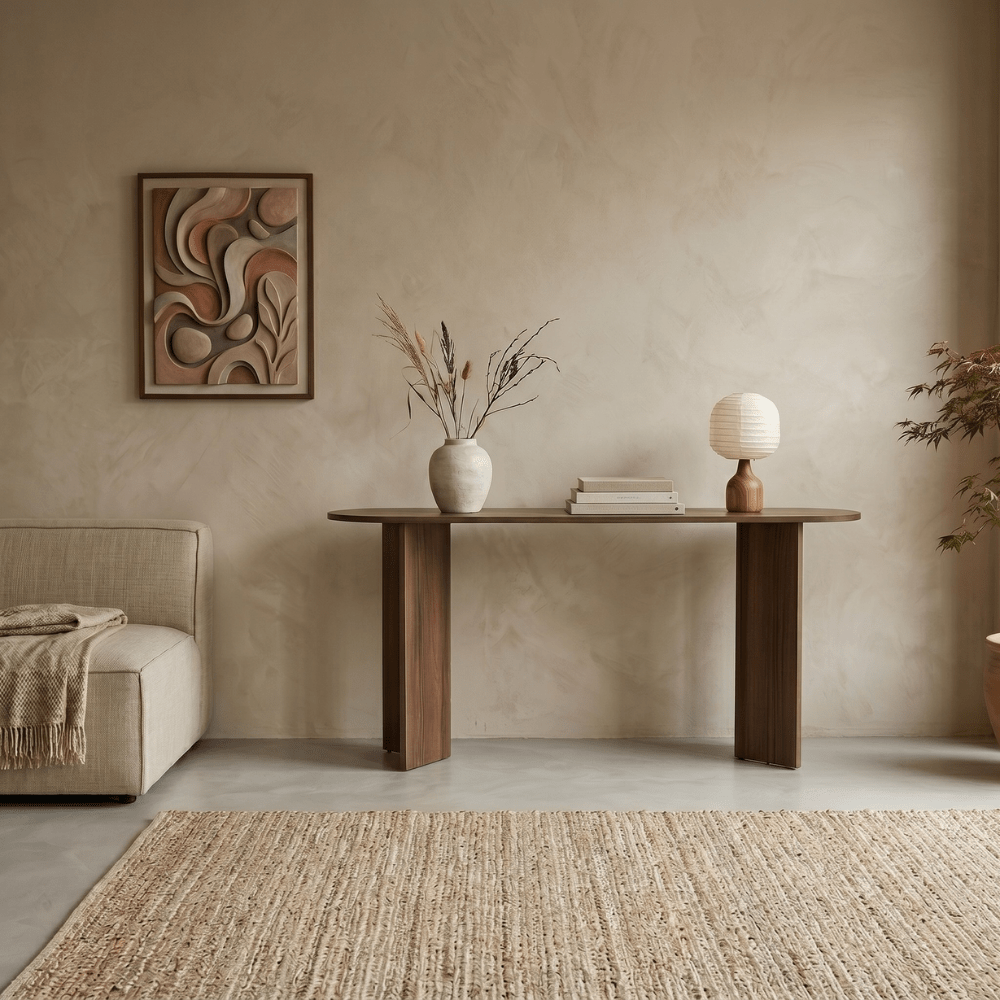 Ovale sidetable walnoot melamine - Japandi - 150x35 cm - Sota