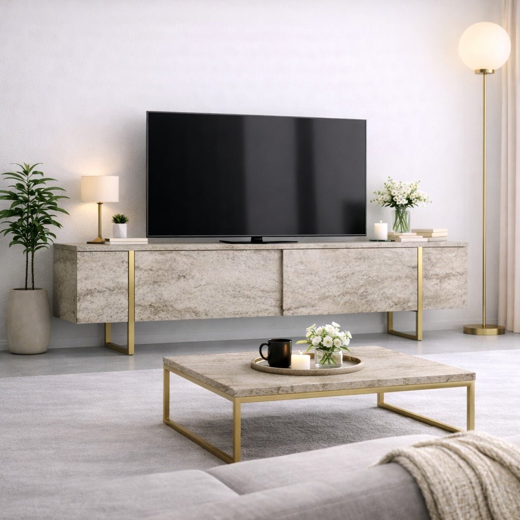 TV Møbler Travertin Luksus 180x50x30 - Gylden Ramme