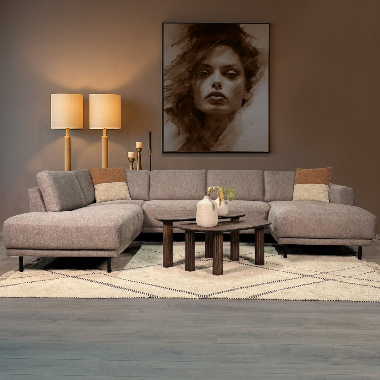 Moderne U-Bank Hoekbank Links Taupe Stof Aniko 310x197x78 cm