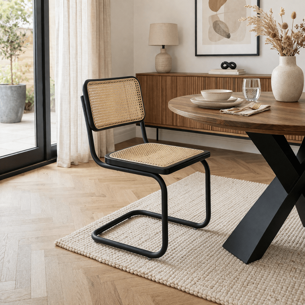 Buisframe eetkamerstoel Vester zwart metaal met bamboe webbing - Zonder Armleuningen