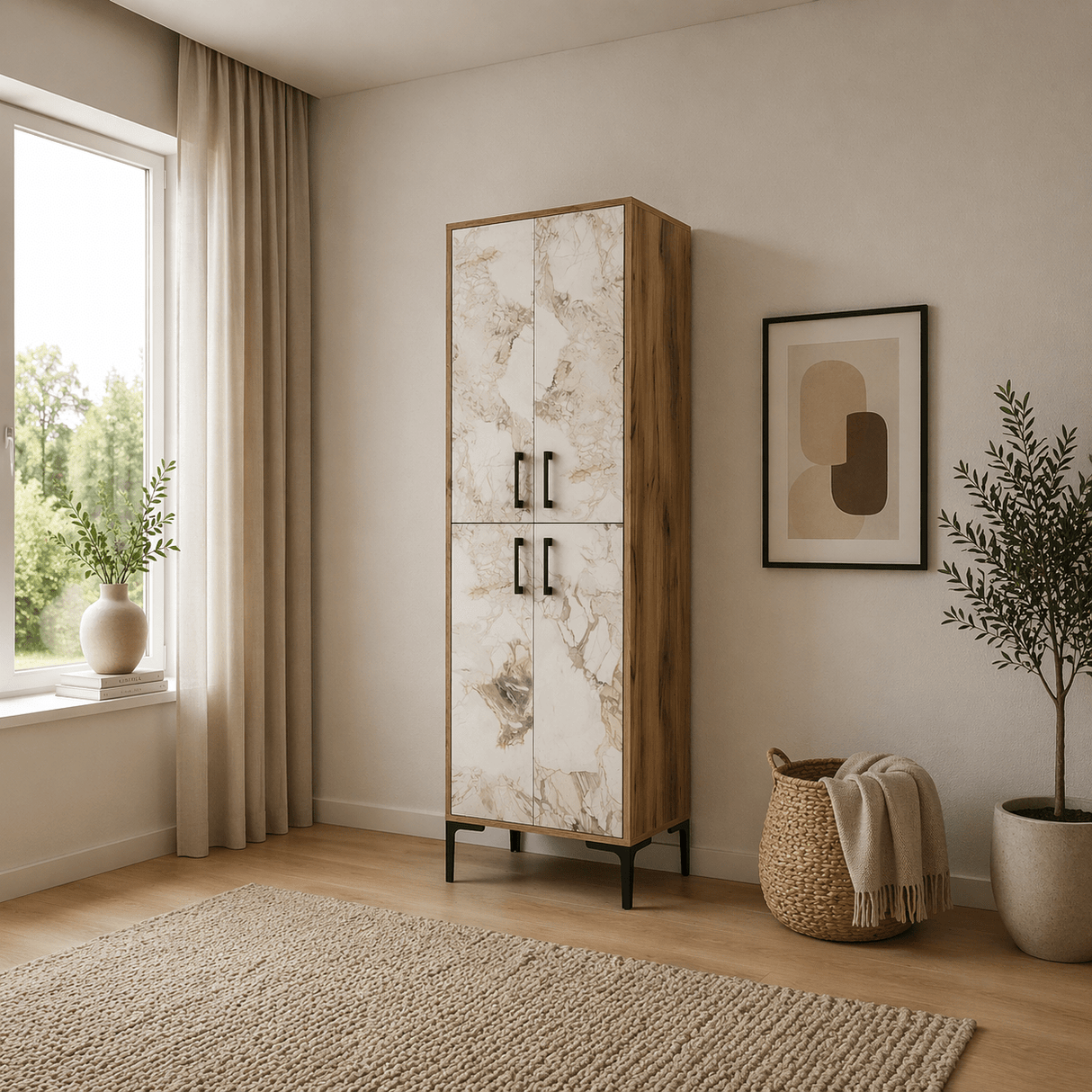 Wandkasten - Wandkast Walnoot Wit Marmer Melamine 200x60x35 cm - Berlin - Dimehouse