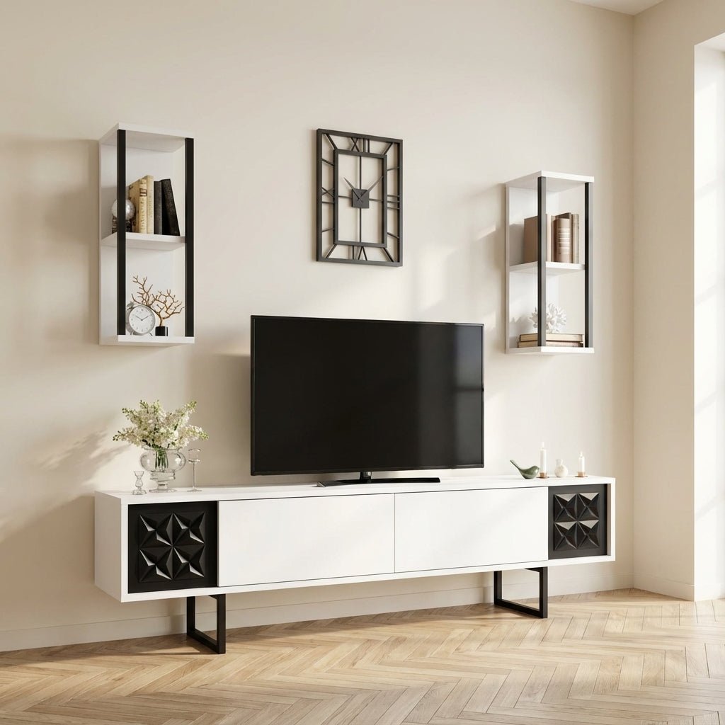TV-møbelsæt Black Line White Black Melamin 180x48x30 cm stemningsbillede i et moderne interiør