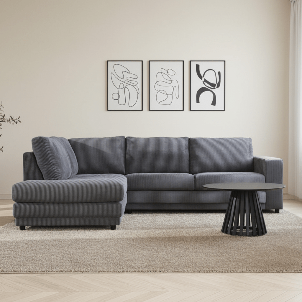 Hjørnesofa antracit ribstof puf sofa Gabi - venstre