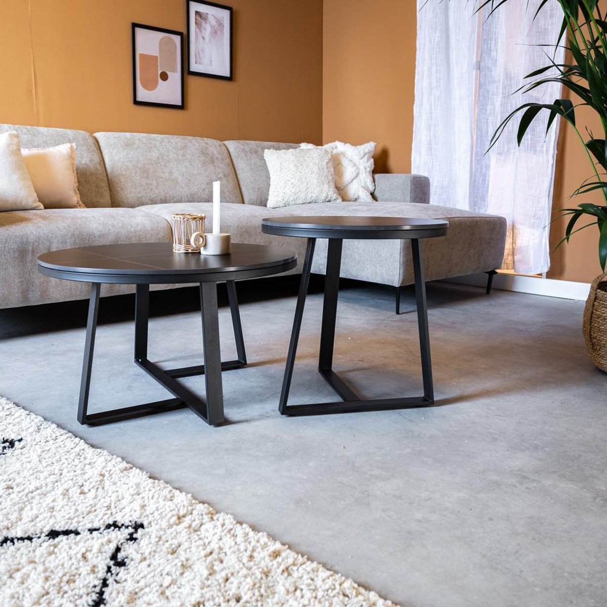 Salontafels - Salontafel Set van 2 Tanner Rond Marmerlook Zwart Rond - Dimehouse
