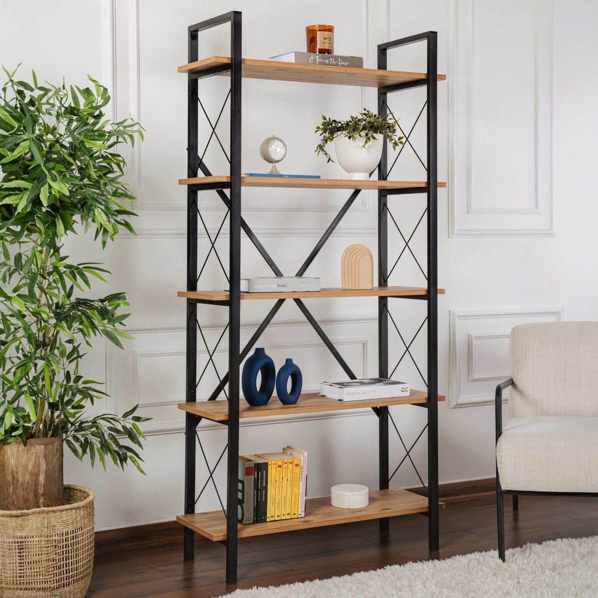 Industriële Boekenkast Ely Atlantisch Dennenhout Melamine - Zwart Frame - 180x90 cm