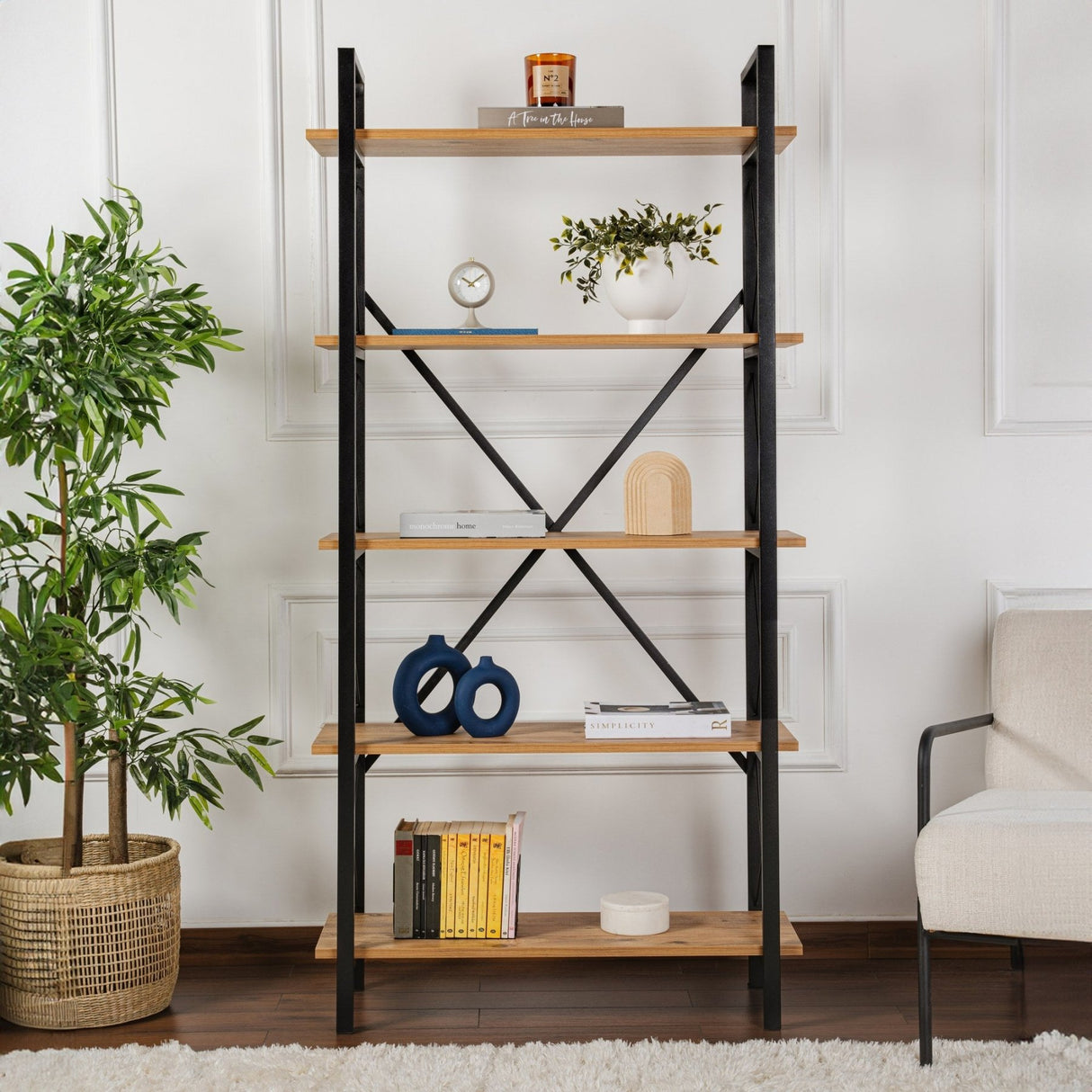 Industriële Boekenkast Ely Atlantisch Dennenhout Melamine - Zwart Frame - 180x90 cm