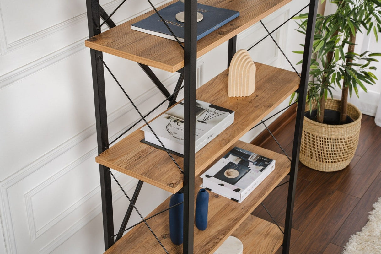 Industriële Boekenkast Ely Atlantisch Dennenhout Melamine - Zwart Frame - 180x90 cm