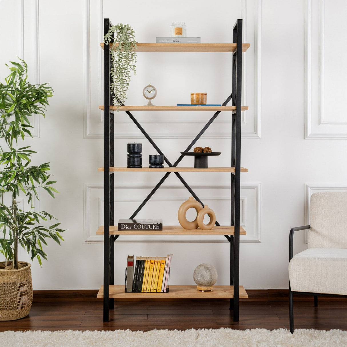 Industriële Boekenkast Ely Eiken Melamine - Zwart Frame - 180x90 cm