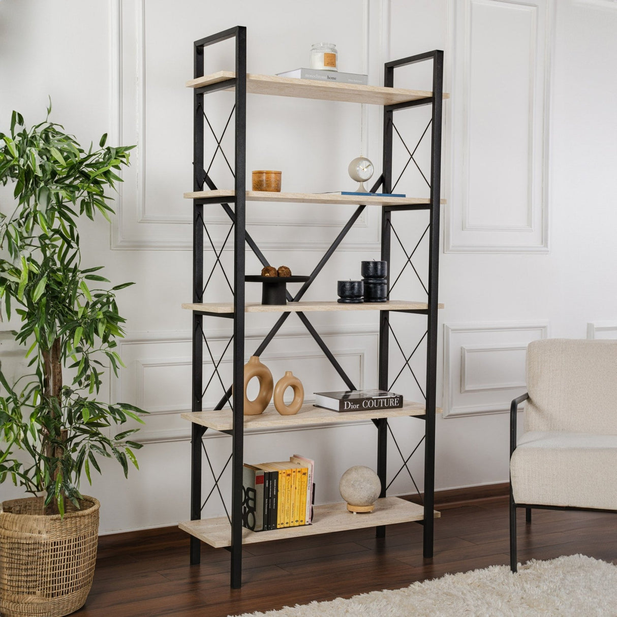 Industriële Boekenkast Ely Travertin Melamine - Zwart Frame - 180x90 cm