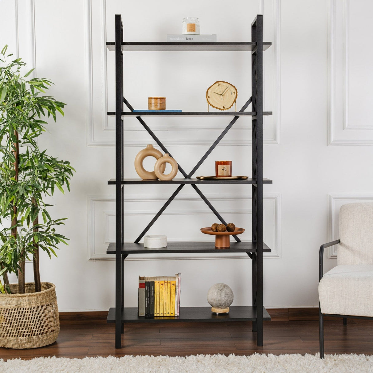 Industriële Boekenkast Ely Zwart Hout - Zwart Frame - 180x90 cm