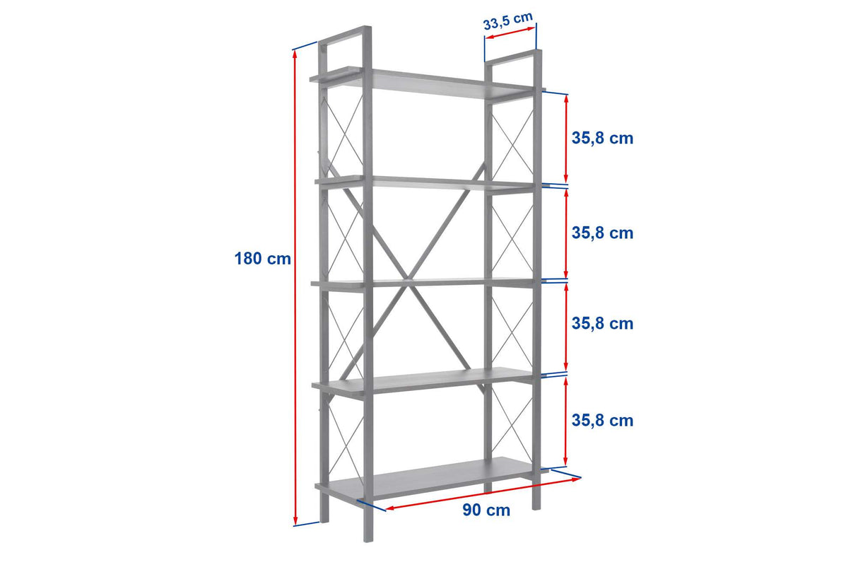 Industriële Boekenkast Ely Zwart Hout - Zwart Frame - 180x90 cm