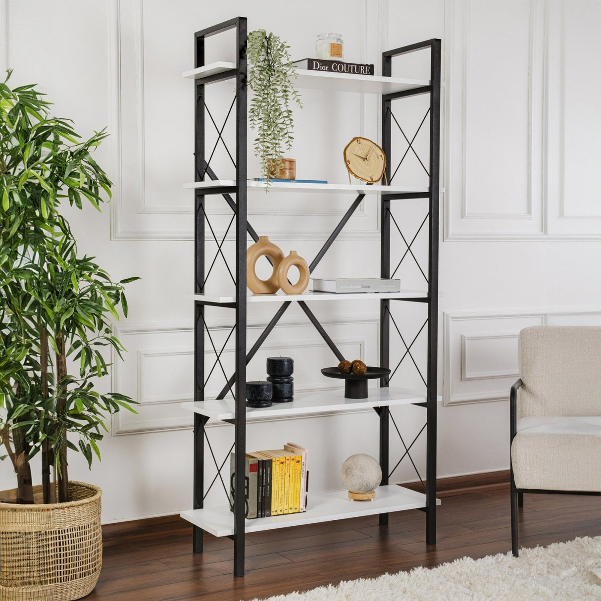Industriële Boekenkast Ely Wit Hout Melamine - Zwart Frame - 180x90 cm
