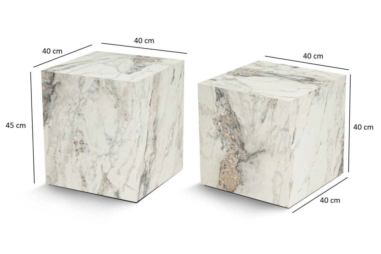 Moderne Bijzettafel Set van 2 Kuub Vierkant Marmerlook - 40x40x40/45