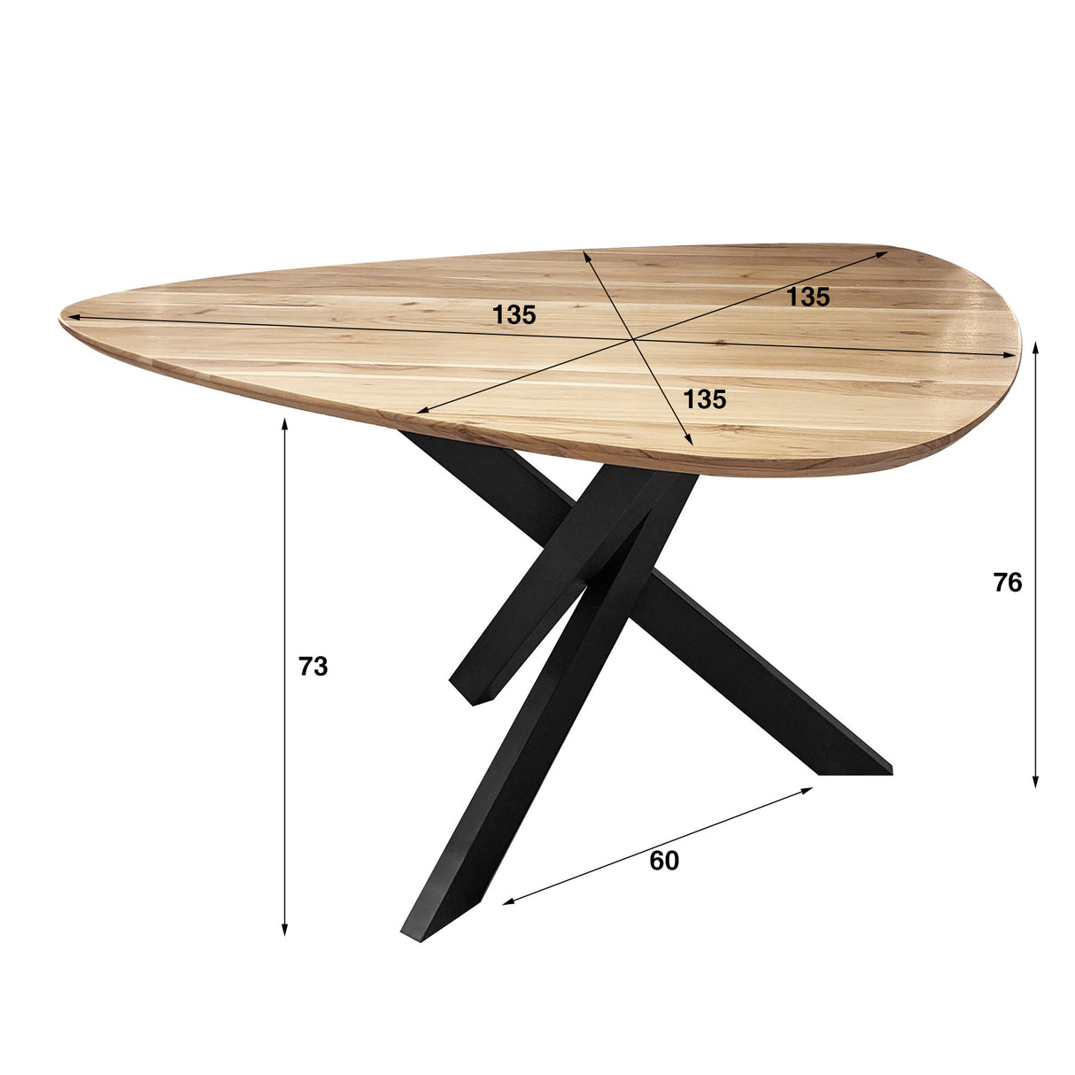 Driehoekige eettafel van massief acaciahout 135 cm