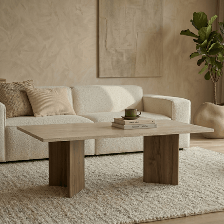 Salontafels - Rechthoekige salontafel walnoot melamine met travertin top Sabin 119x60 cm - Dimehouse