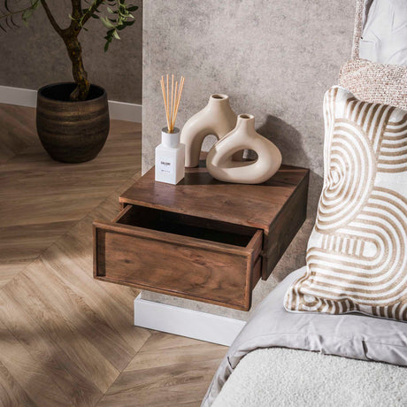 Zwevend nachtkastje acacia drift brown industrieel