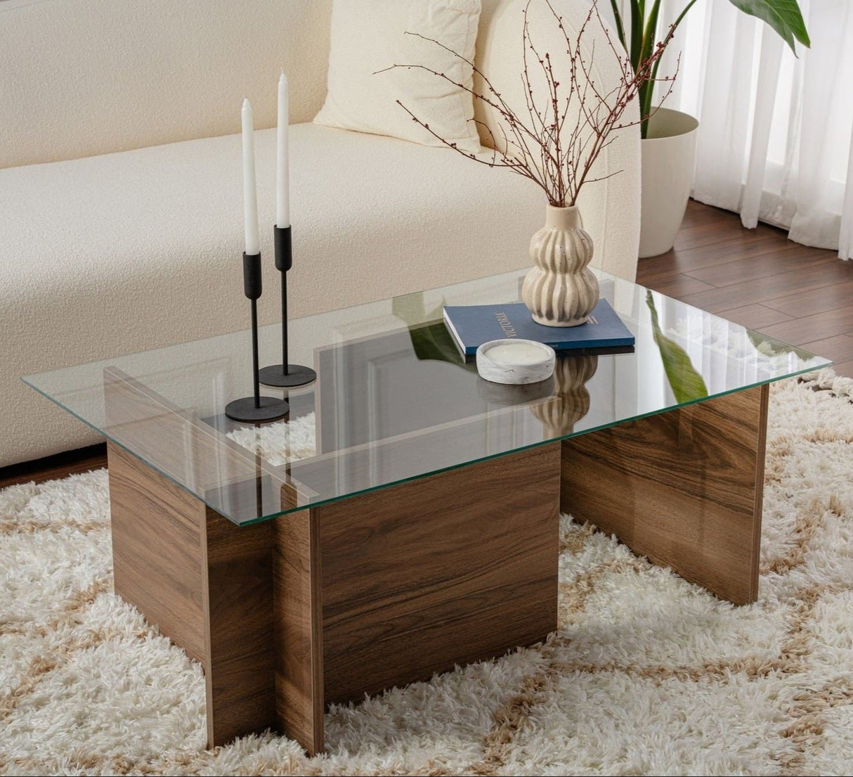 Rektangulært Moderne Sofabord Vetroni Valnødde Look - Glas - 105x65 cm 
