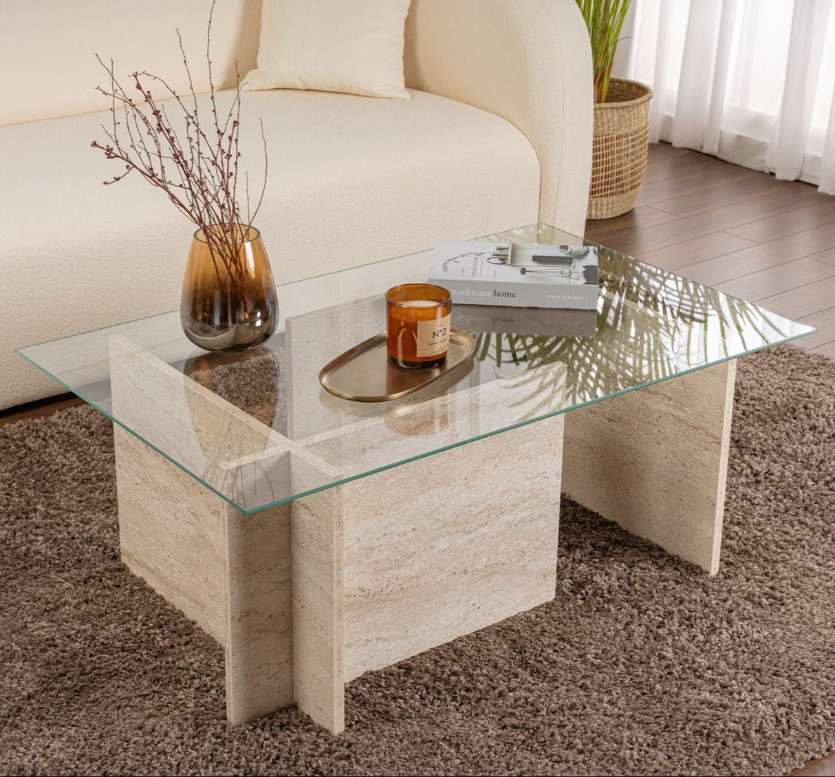 Rektangulær Moderne Sofabord Vetroni Travertin Look - Glas - 105x65 cm 