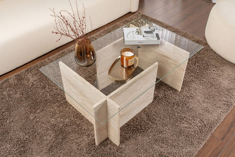 Rektangulær Moderne Sofabord Vetroni Travertin Look - Glas - 105x65 cm 