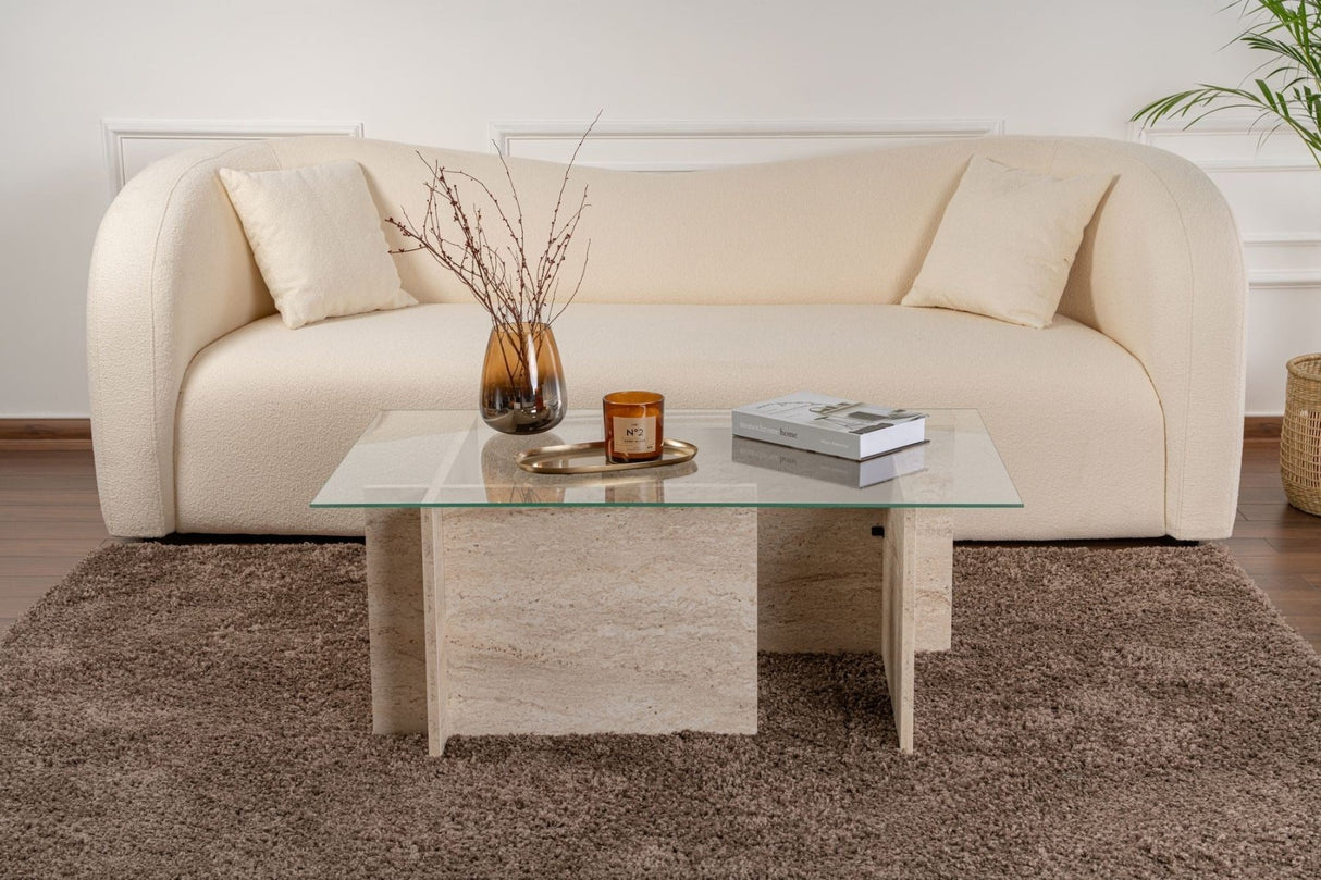 Rektangulær Moderne Sofabord Vetroni Travertin Look - Glas - 105x65 cm 