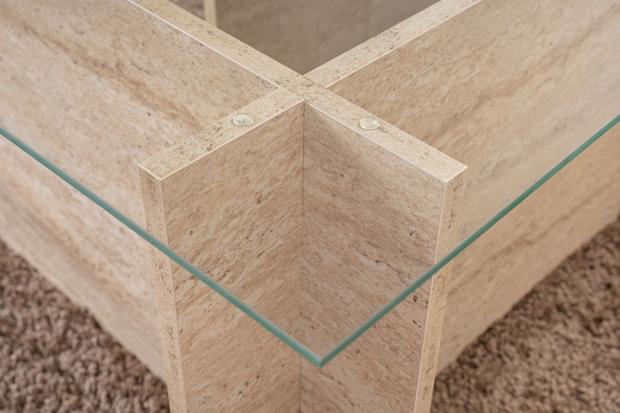 Rektangulær Moderne Sofabord Vetroni Travertin Look - Glas - 105x65 cm 