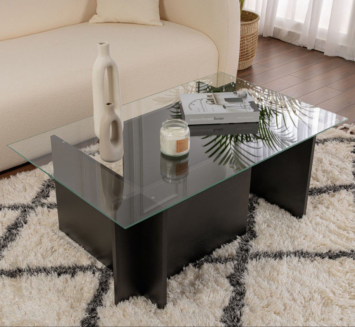 Rektangulært Moderne Sofabord Vetroni Sort Træ Look - Glas - 105x65 cm 