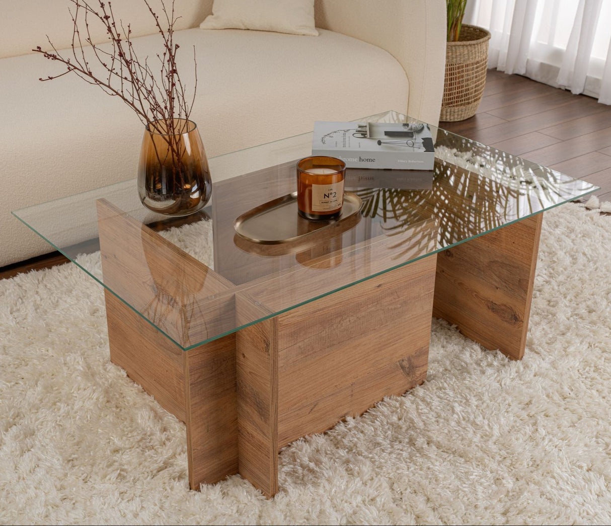 Rektangulært Moderne Sofabord Vetroni Atlantisk Fyrretræ Look - Glas - 105x65 cm 