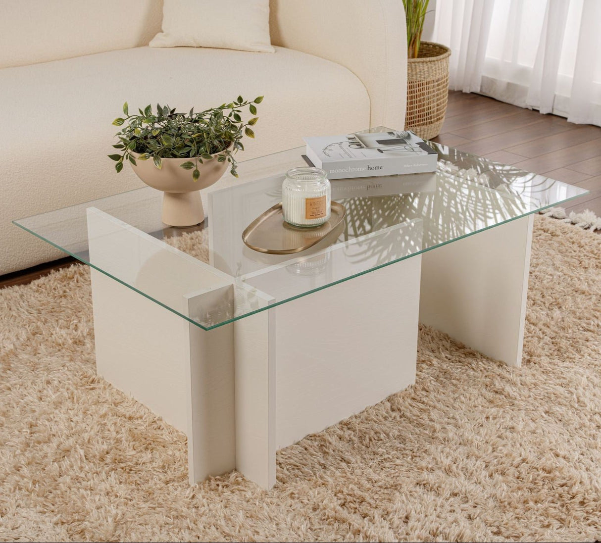 Rektangulært Moderne Sofabord Vetroni Hvid Træ Look - Glas - 105x65 cm 